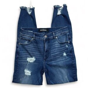Express Dark Blue Stone Wash High Waisted Distressed Denim Women Jeans Sz 27